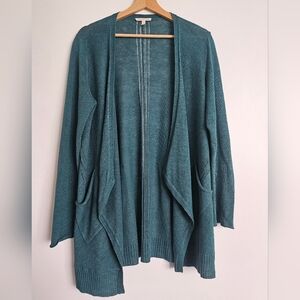 Eileen Fisher 100% Linen Cardigan Sweater Womens Size M Green Open Front Pockets